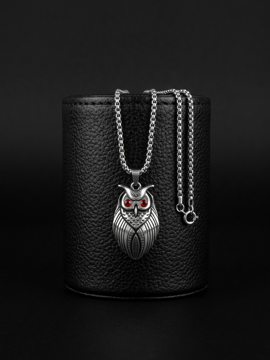 Men's Vintage Silver-Toned Owl Pendant with Red Stone Eyes and Box Chain