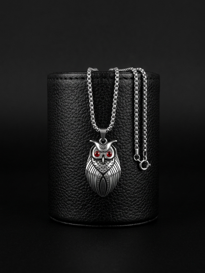 Men's Vintage Silver-Toned Owl Pendant with Red Stone Eyes and Box Chain