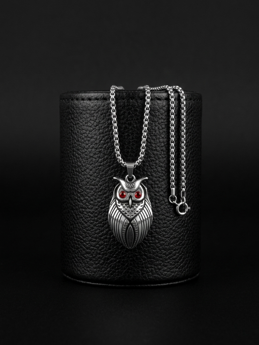 Men's Vintage Silver-Toned Owl Pendant with Red Stone Eyes and Box Chain