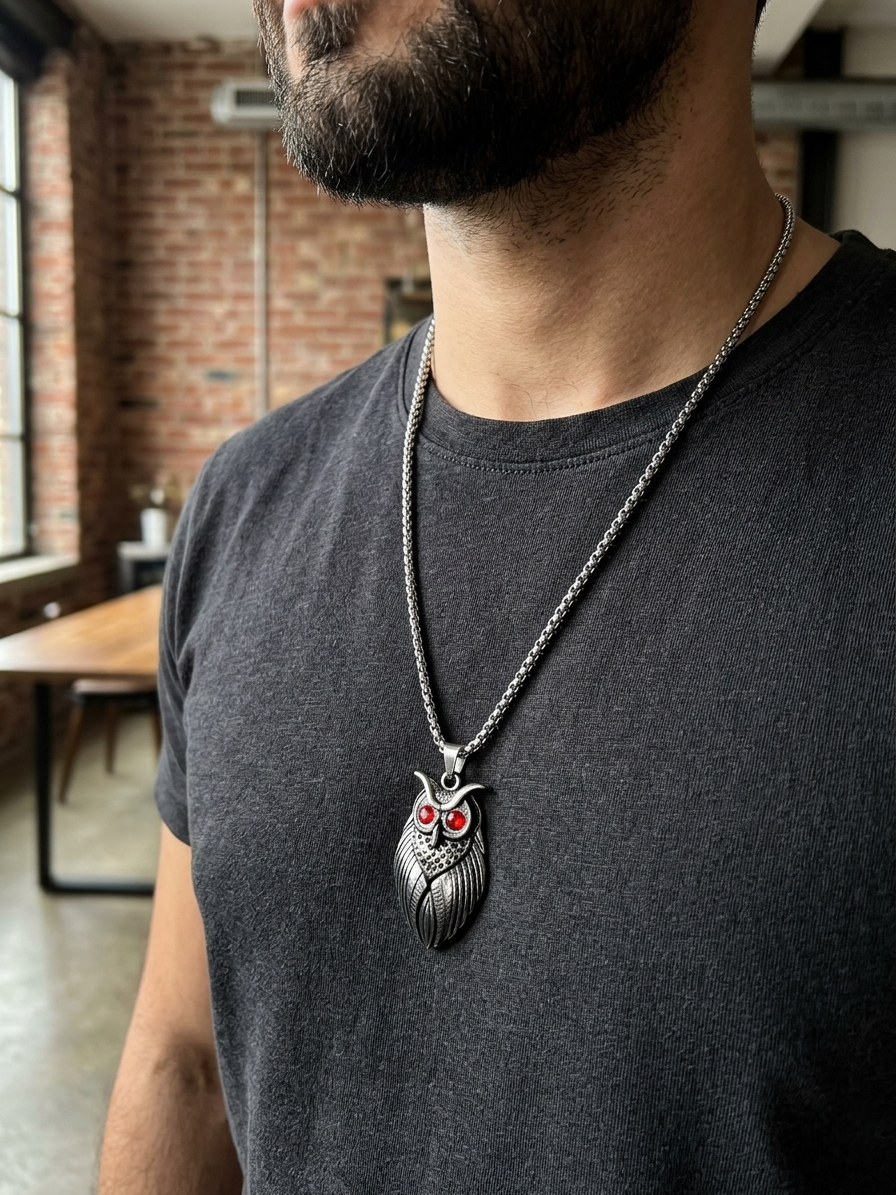 Men's Vintage Silver-Toned Owl Pendant with Red Stone Eyes and Box Chain