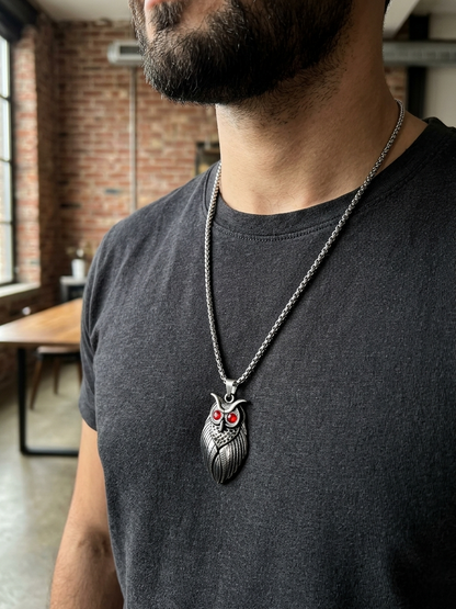 Men's Vintage Silver-Toned Owl Pendant with Red Stone Eyes and Box Chain