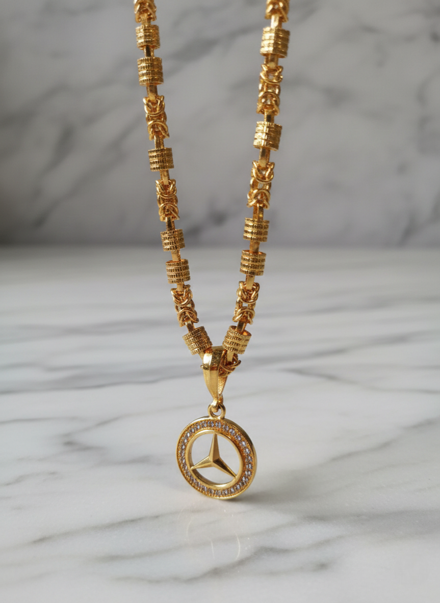 Mens Gold-Plated Mercedes-Benz Emblem Pendant with Byzantine Bar Chain