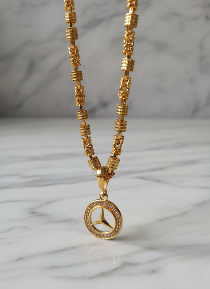 Mens Gold-Plated Mercedes-Benz Emblem Pendant with Byzantine Bar Chain