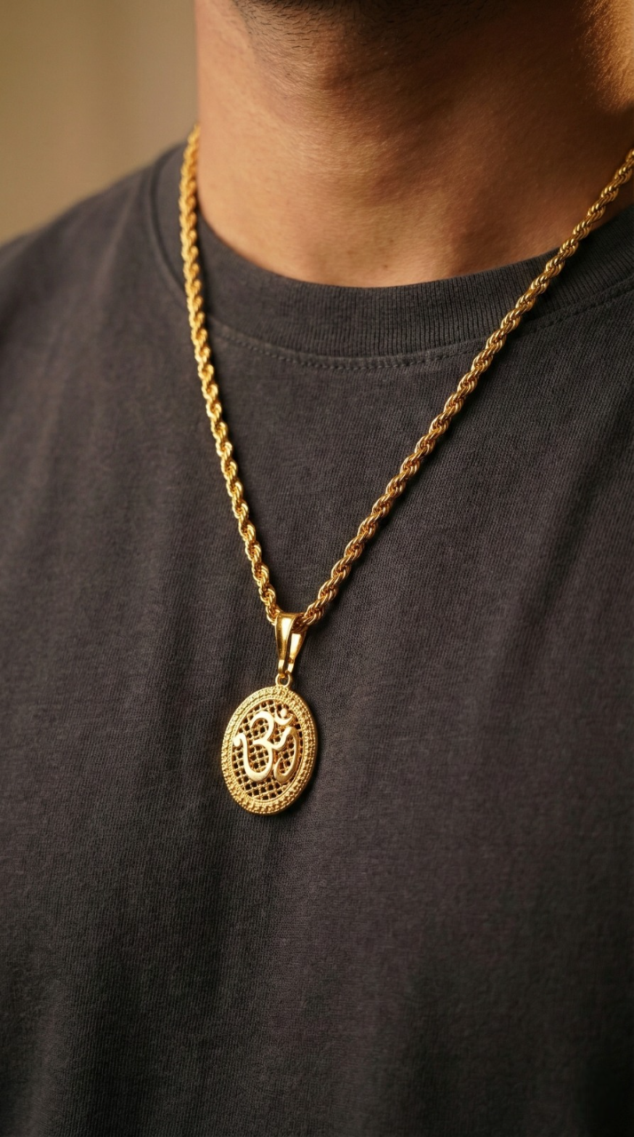 Mens's Gold-Plated Divine "Om" Filigree Oval Pendant with Rope Chain