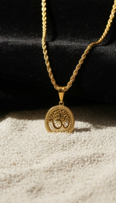 Mens's Gold-Plated Divine "Om" Filigree Oval Pendant with Rope Chain