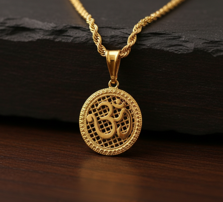 Mens's Gold-Plated Divine "Om" Filigree Oval Pendant with Rope Chain