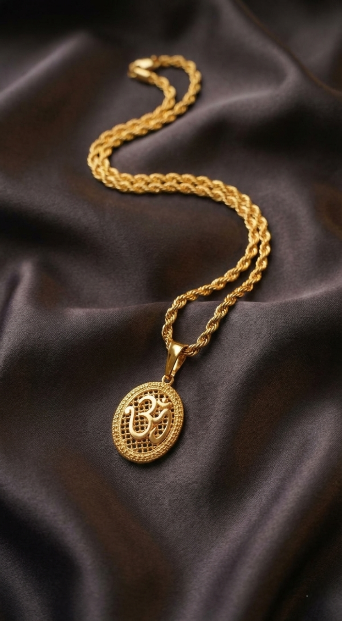 Mens's Gold-Plated Divine "Om" Filigree Oval Pendant with Rope Chain