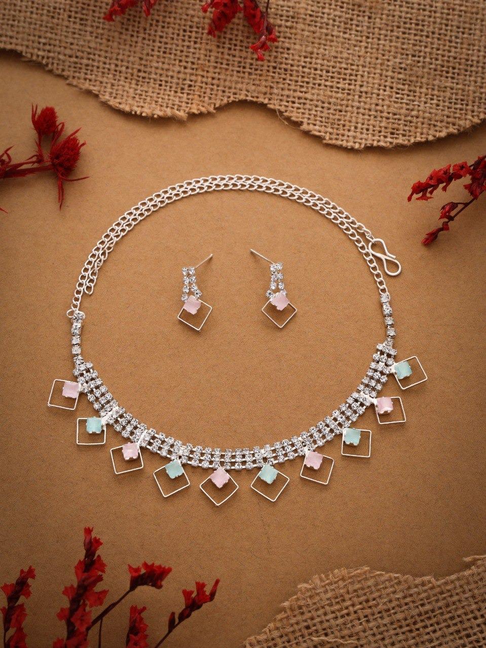 RAKHI SPECIAL GIFT FOR SISTER - SILVER PLATED AMERICAN DIAMOND STUDDED NECKLACE SET FOR WOMENS & GIRLS
