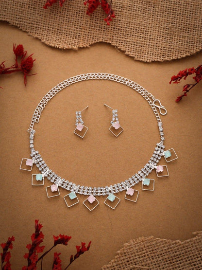 RAKHI SPECIAL GIFT FOR SISTER - SILVER PLATED AMERICAN DIAMOND STUDDED NECKLACE SET FOR WOMENS & GIRLS