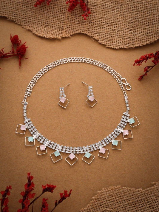 RAKHI SPECIAL GIFT FOR SISTER - SILVER PLATED AMERICAN DIAMOND STUDDED NECKLACE SET FOR WOMENS & GIRLS