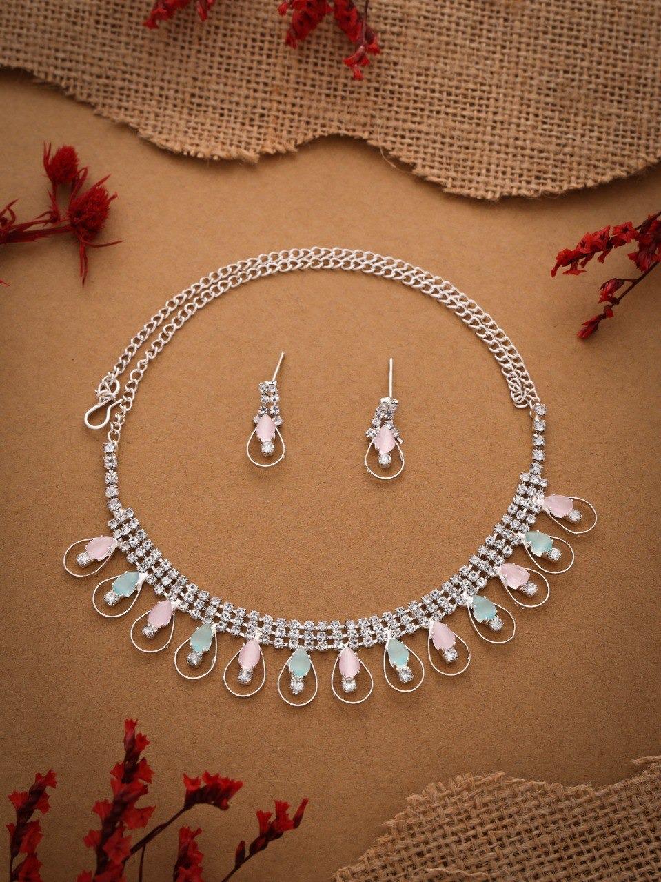 RAKHI SPECIAL GIFT FOR SISTER - SILVER PLATED AMERICAN DIAMOND STUDDED NECKLACE SET FOR WOMENS & GIRLS