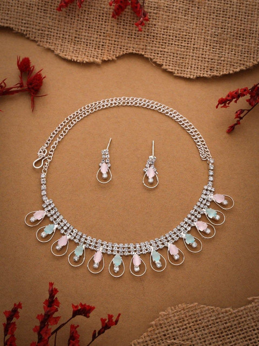 RAKHI SPECIAL GIFT FOR SISTER - SILVER PLATED AMERICAN DIAMOND STUDDED NECKLACE SET FOR WOMENS & GIRLS