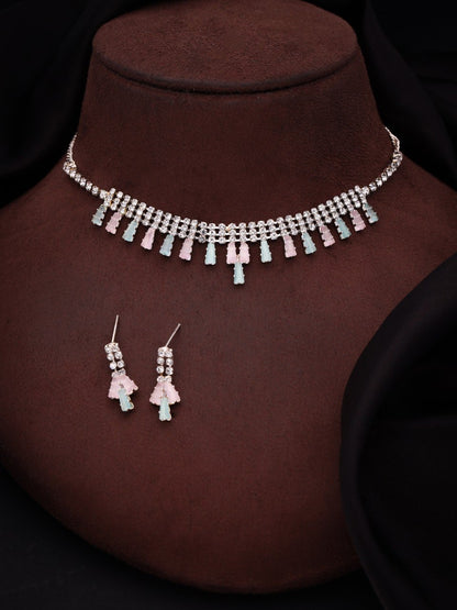 RAKHI SPECIAL GIFT FOR SISTER - SILVER PLATED AMERICAN DIAMOND STUDDED NECKLACE SET FOR WOMENS & GIRLS
