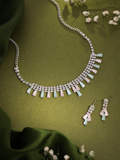 RAKHI SPECIAL GIFT FOR SISTER - SILVER PLATED AMERICAN DIAMOND STUDDED NECKLACE SET FOR WOMENS & GIRLS