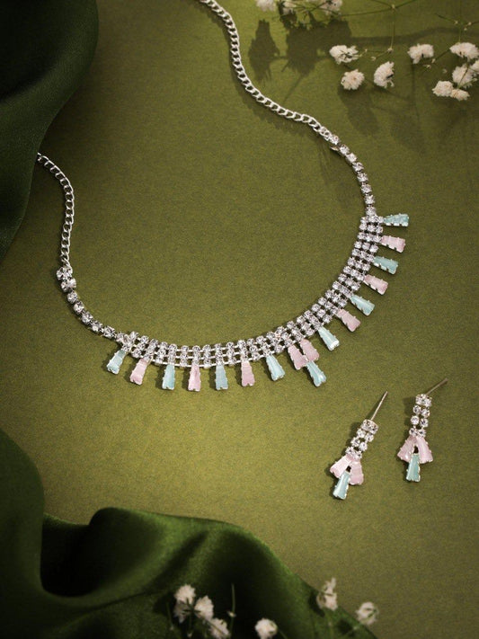 RAKHI SPECIAL GIFT FOR SISTER - SILVER PLATED AMERICAN DIAMOND STUDDED NECKLACE SET FOR WOMENS & GIRLS
