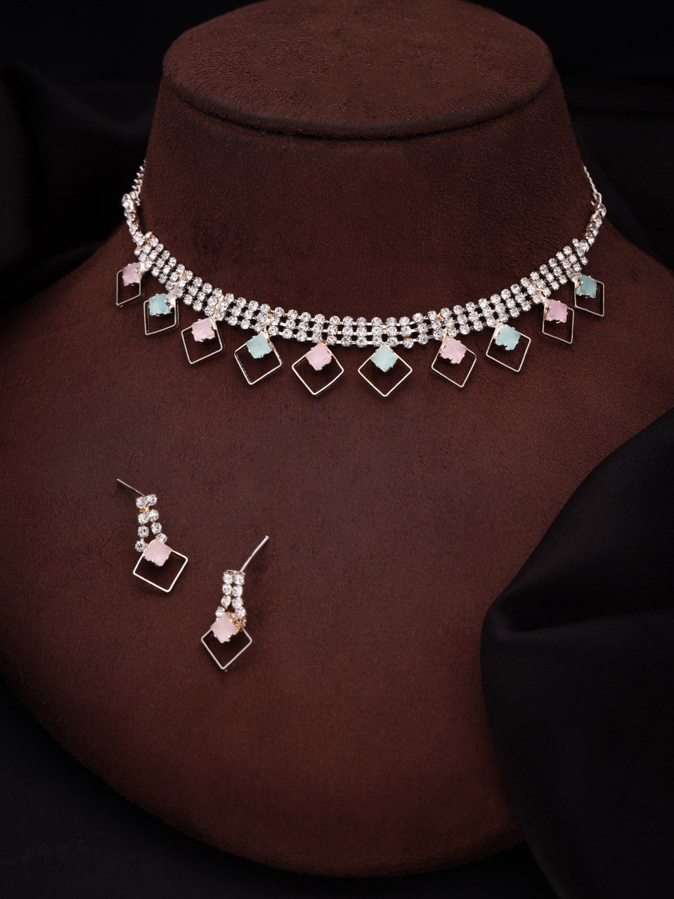 RAKHI SPECIAL GIFT FOR SISTER - SILVER PLATED AMERICAN DIAMOND STUDDED NECKLACE SET FOR WOMENS & GIRLS