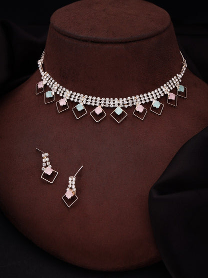 RAKHI SPECIAL GIFT FOR SISTER - SILVER PLATED AMERICAN DIAMOND STUDDED NECKLACE SET FOR WOMENS & GIRLS