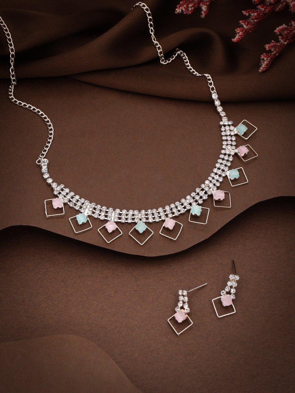 RAKHI SPECIAL GIFT FOR SISTER - SILVER PLATED AMERICAN DIAMOND STUDDED NECKLACE SET FOR WOMENS & GIRLS
