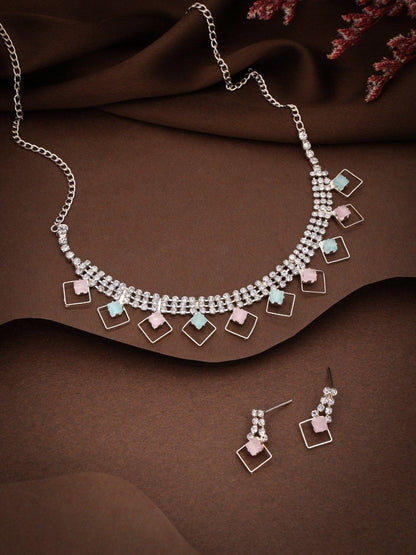 RAKHI SPECIAL GIFT FOR SISTER - SILVER PLATED AMERICAN DIAMOND STUDDED NECKLACE SET FOR WOMENS & GIRLS