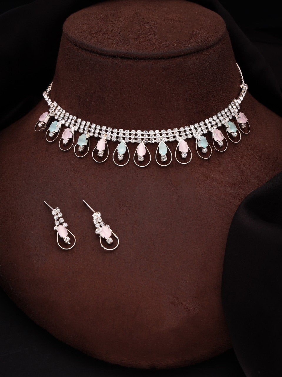 RAKHI SPECIAL GIFT FOR SISTER - SILVER PLATED AMERICAN DIAMOND STUDDED NECKLACE SET FOR WOMENS & GIRLS