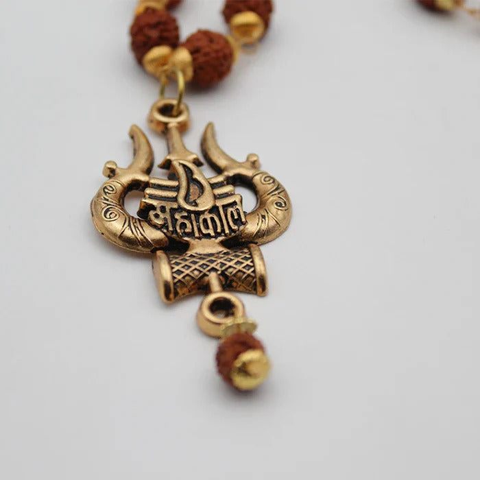 Royal Jewellery  Rudrakha mala With Mahakal Trishul Damru Locket Gold Plated Brass Chain For Mens