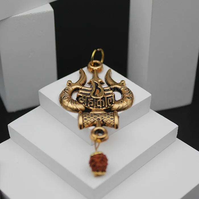 Royal Jewellery  Rudrakha mala With Mahakal Trishul Damru Locket Gold Plated Brass Chain For Mens