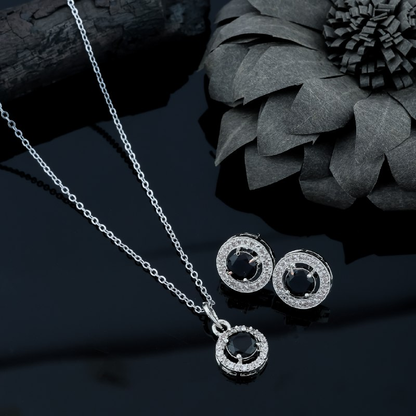 Silver Chain Circular Pendant and Earrings with Finely Cut Stones for Women/Girls