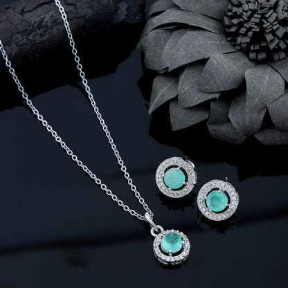 Silver Plated Chain  And Stone Pendant Set With Earrings For Women/Girls