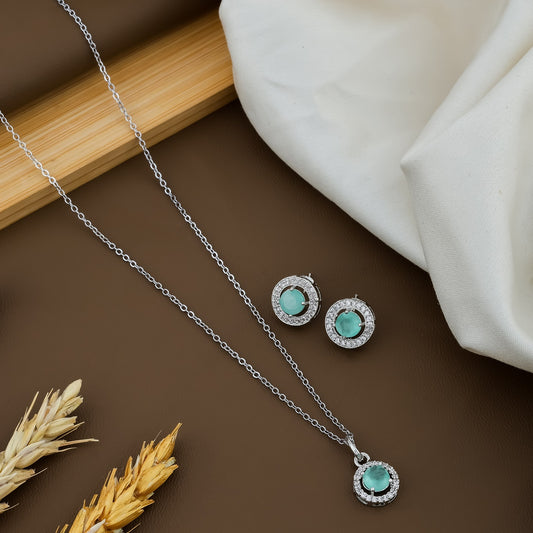 Silver Plated Chain  And Stone Pendant Set With Earrings For Women/Girls