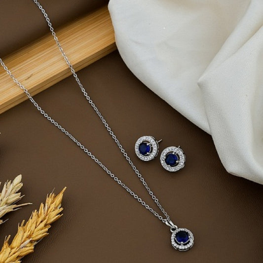 Silver Plated Crystal Stone Round Shape Chain Pendant Set With Earrings For Women/Girls