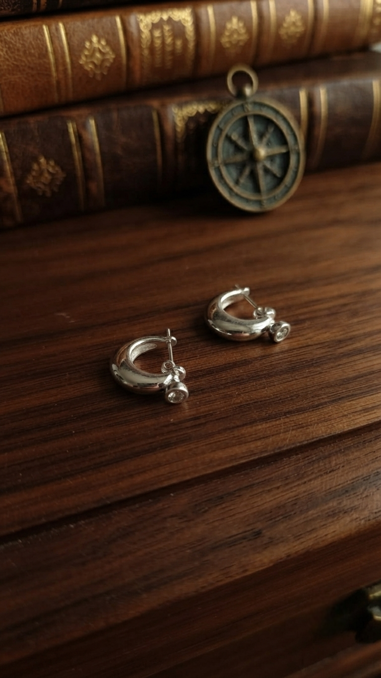 Silver-Toned Chunky Huggie Hoop Earrings with Solitaire Accent