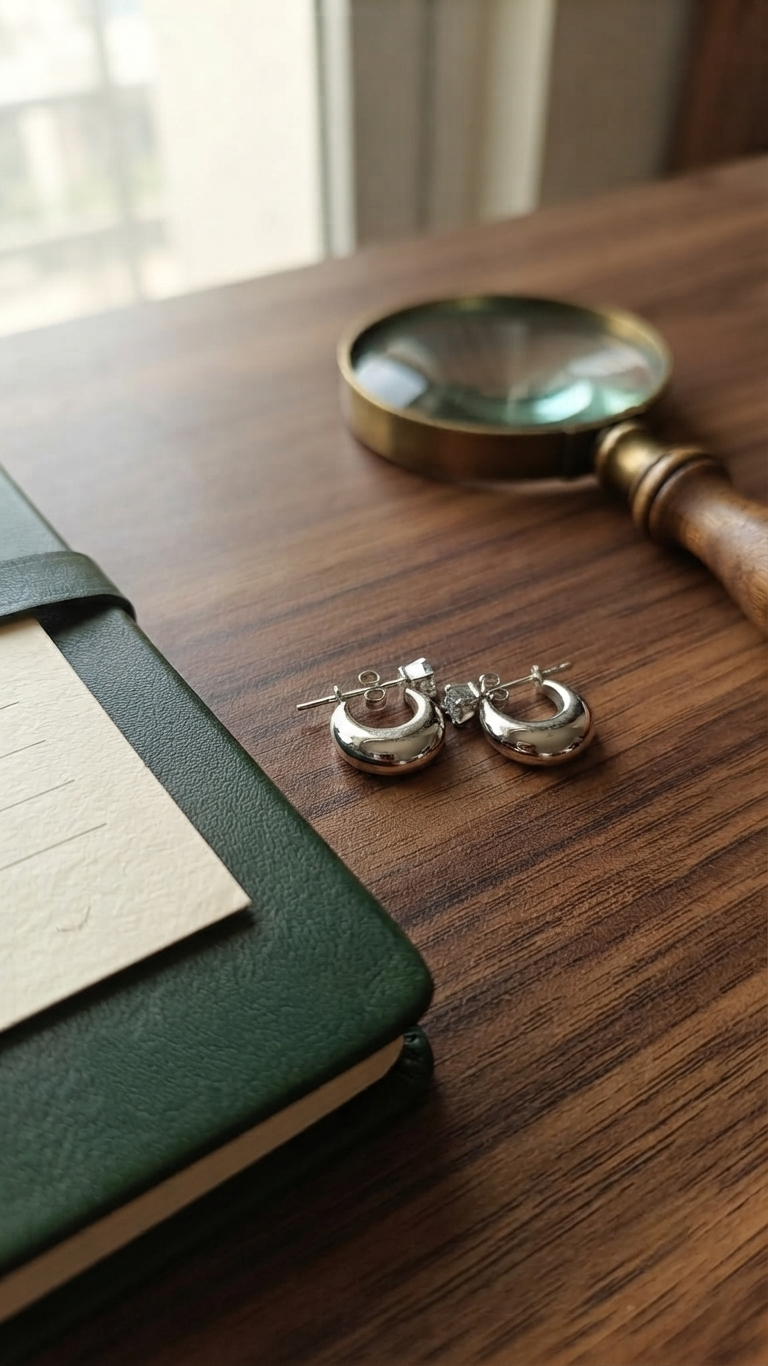 Silver-Toned Chunky Huggie Hoop Earrings with Solitaire Accent