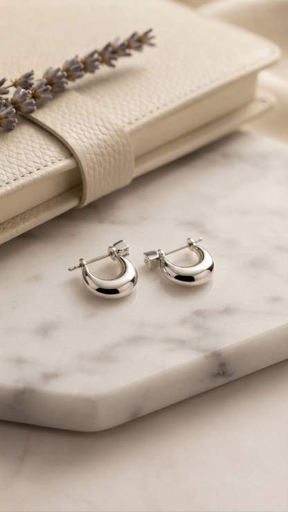 Silver-Toned Chunky Huggie Hoop Earrings with Solitaire Accent
