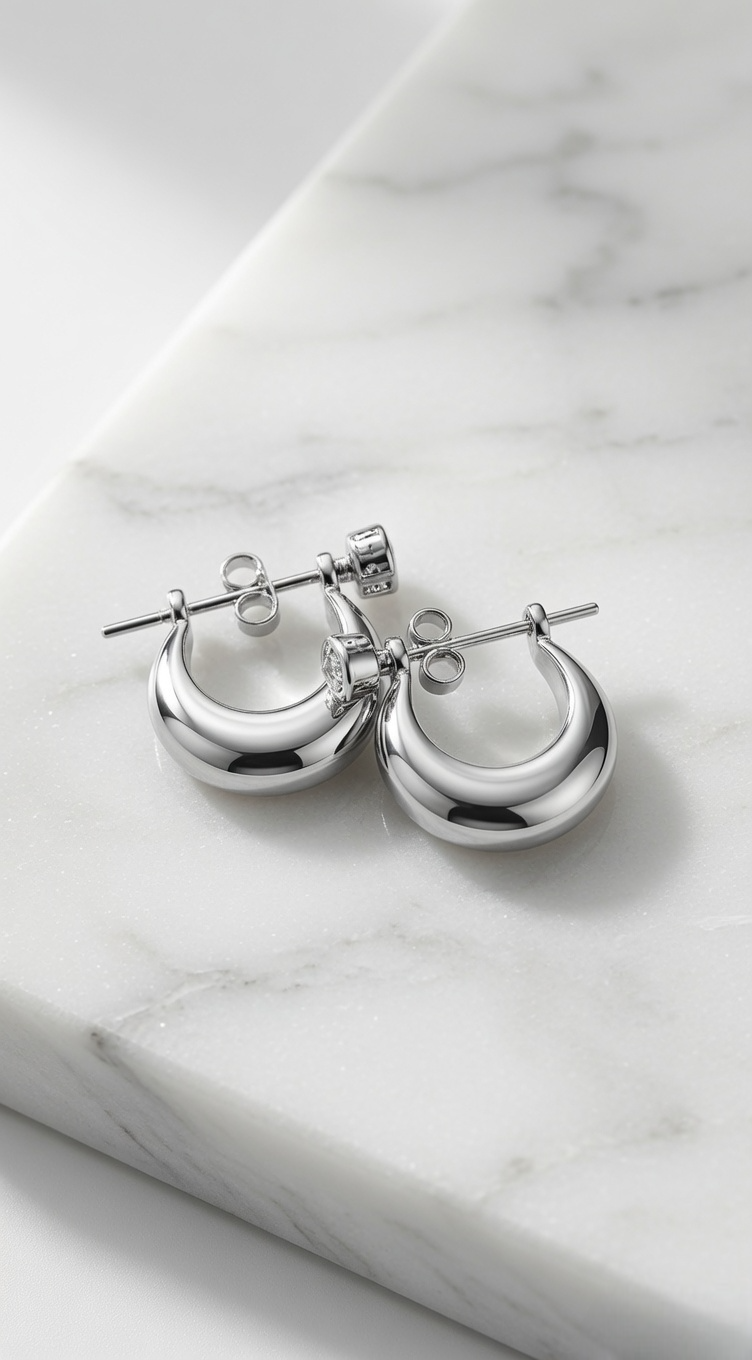 Silver-Toned Chunky Huggie Hoop Earrings with Solitaire Accent