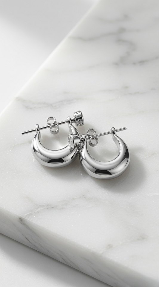 Silver-Toned Chunky Huggie Hoop Earrings with Solitaire Accent