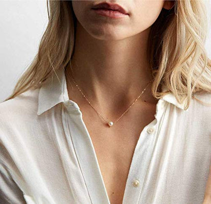 Solid Gold Pearl Necklace, Cute Dainty Pearl Pendant, Cute Chain Luck Necklace, Single Pearl Wedding Gift, Handmade Jewelry, Rose White