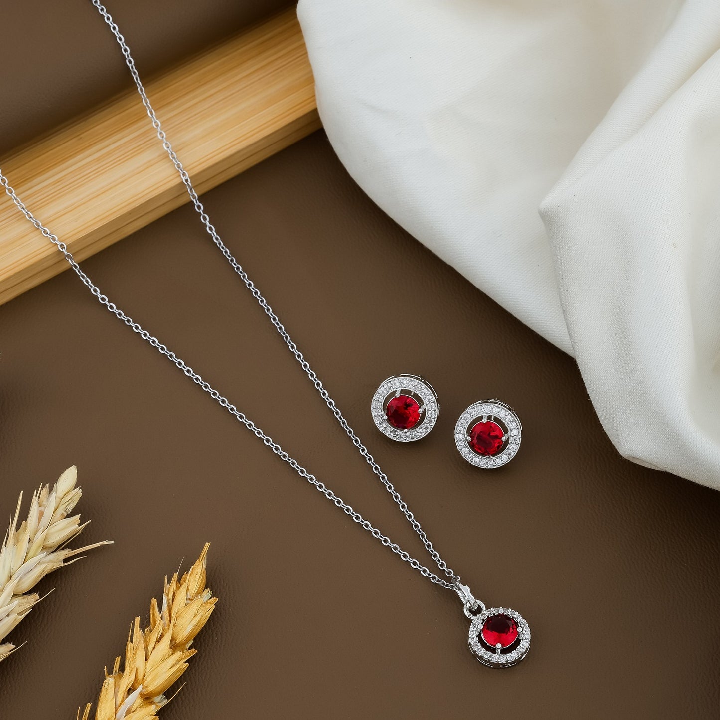 Sterling Silver Chain And  Diamond Pendant With  Earrings