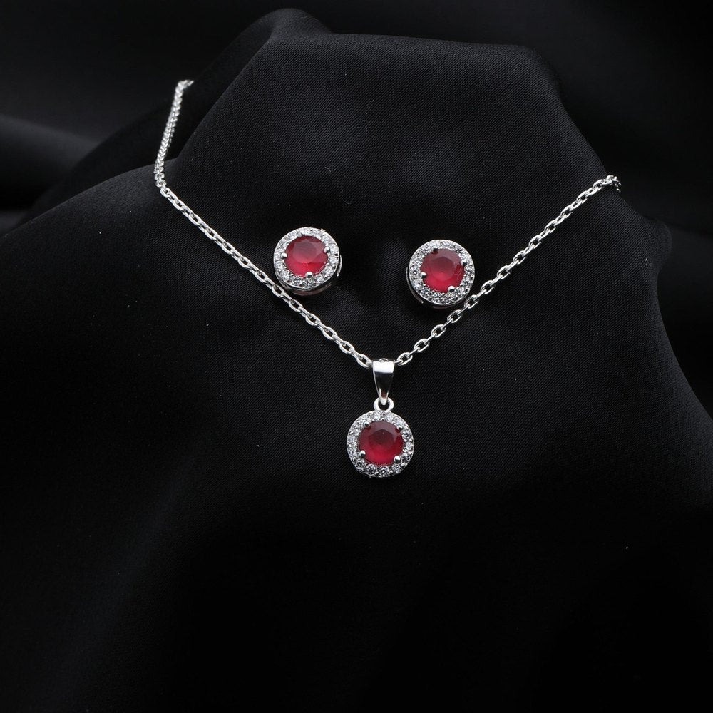 Sterling Silver Chain And  Diamond Pendant With  Earrings