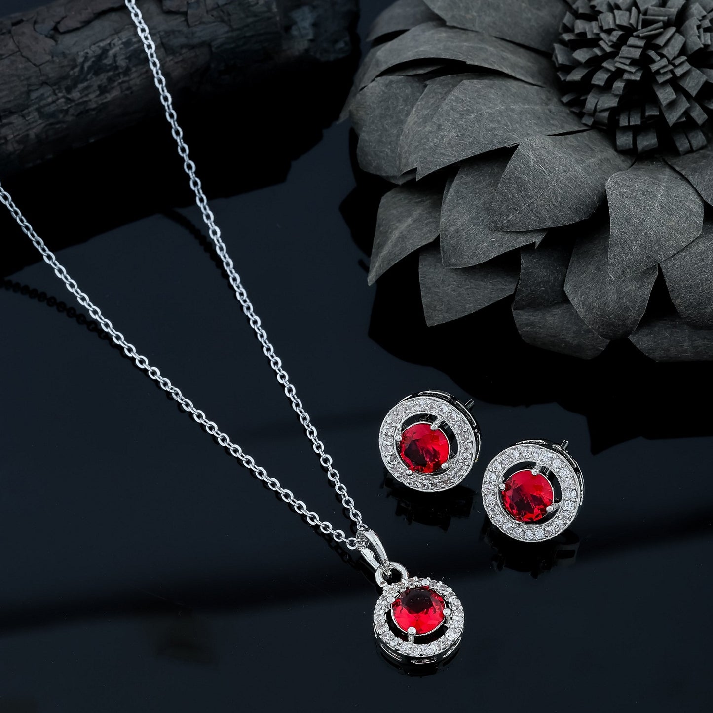 Sterling Silver Chain And  Diamond Pendant With  Earrings