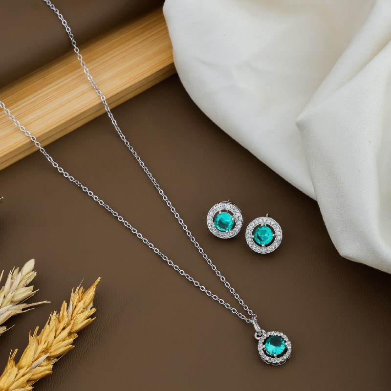 Sterling Silver Chain And rhinestone Pendant With Earring set For Women/Girls