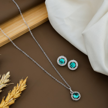 Sterling Silver Chain And rhinestone Pendant With Earring set For Women/Girls