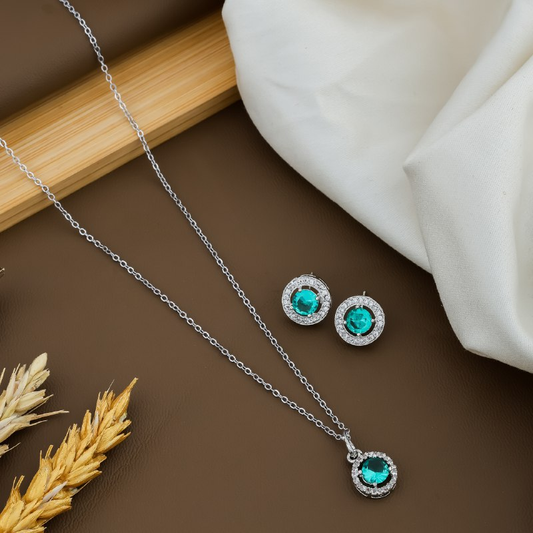 Sterling Silver Chain And rhinestone Pendant With Earring set For Women/Girls