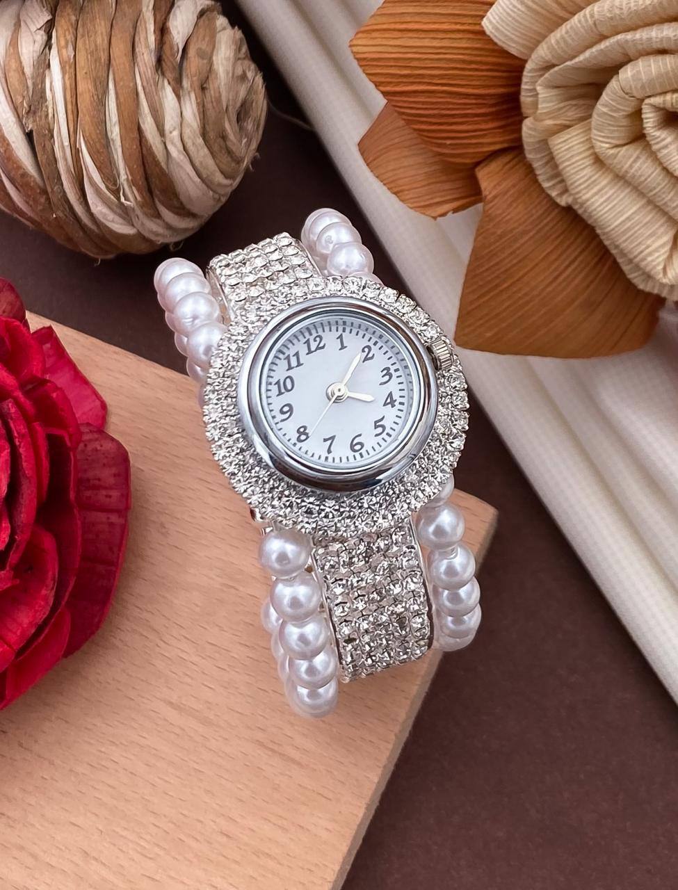 Stylish Design And Pearl Bracelet Type Watch For Women And Girls