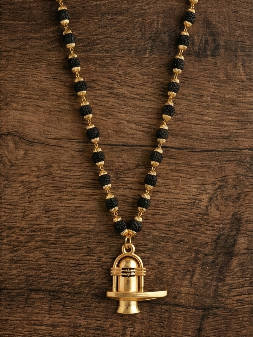 Traditional Lord Shiva Shivling Locket with Gold-Capped Rudraksha Beads Mala