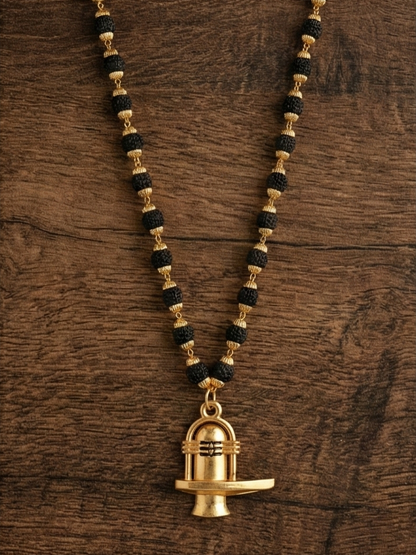 Traditional Lord Shiva Shivling Locket with Gold-Capped Rudraksha Beads Mala