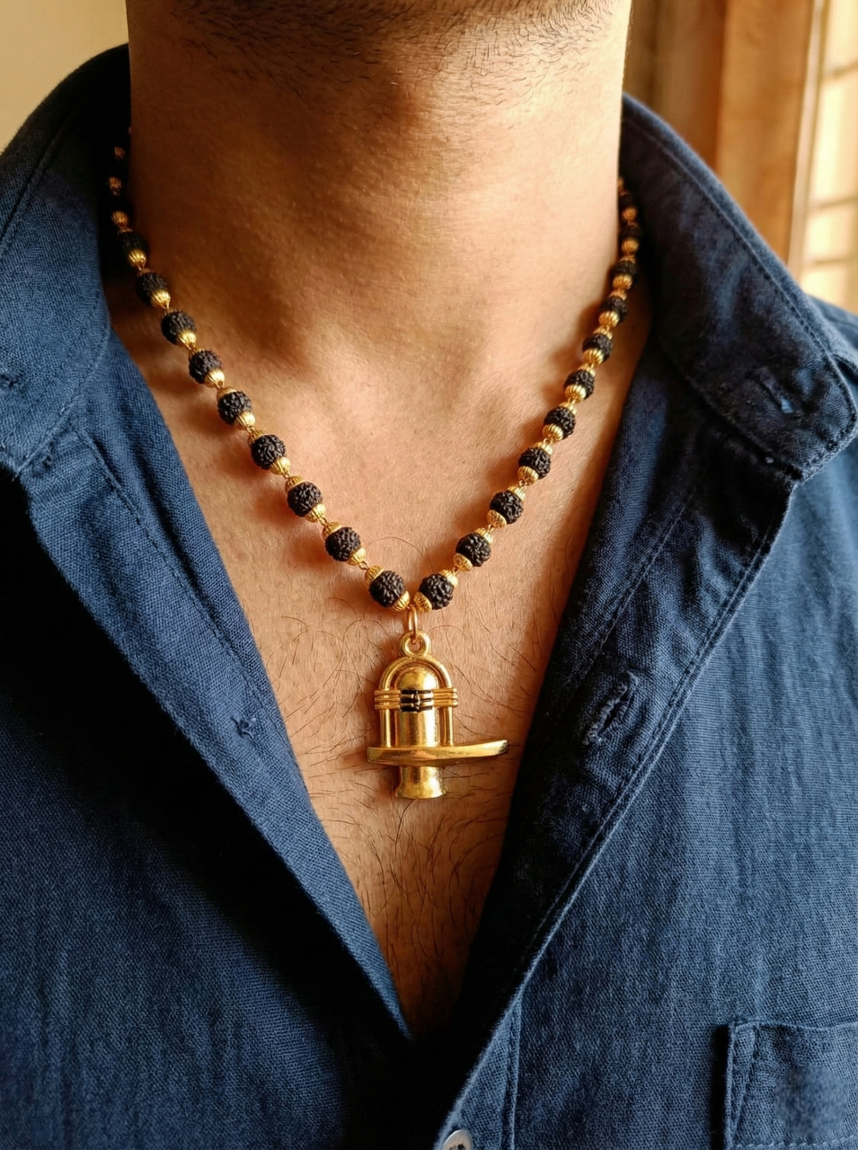 Traditional Lord Shiva Shivling Locket with Gold-Capped Rudraksha Beads Mala