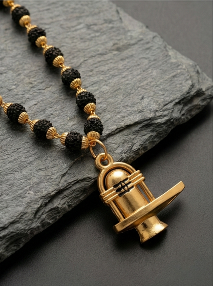 Traditional Lord Shiva Shivling Locket with Gold-Capped Rudraksha Beads Mala