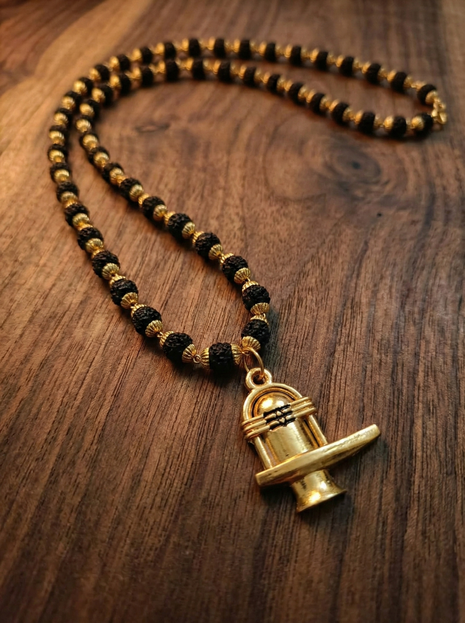 Traditional Lord Shiva Shivling Locket with Gold-Capped Rudraksha Beads Mala