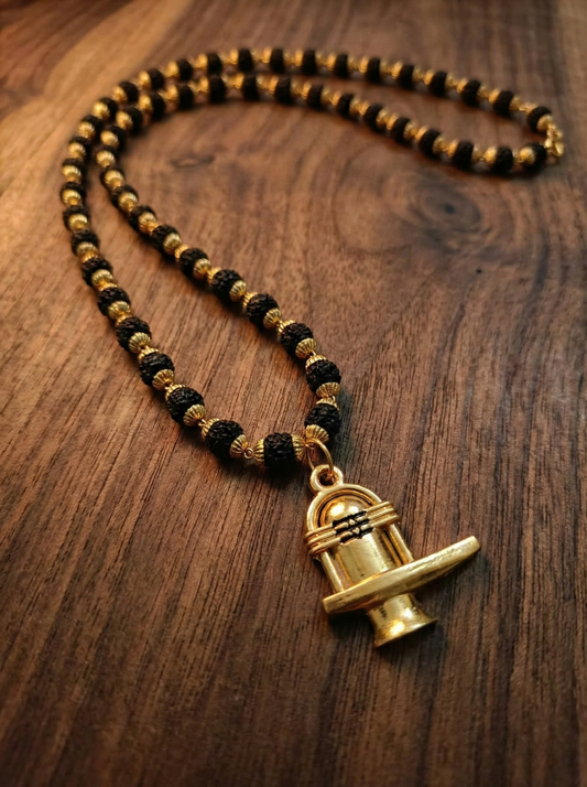 Traditional Lord Shiva Shivling Locket with Gold-Capped Rudraksha Beads Mala
