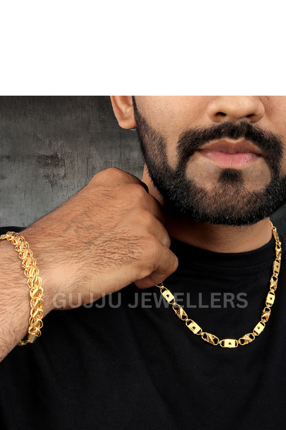 BEAUTIFUL BRASS GOLD CHAIN AND GOLD BRACELET COMBO FOR MENS(PACK OF 2)